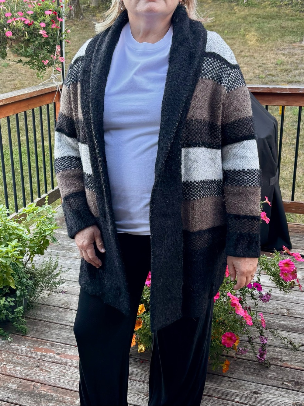 Liverpool Los Angeles Faux Fur/Eyelash Knit Block Striped Cardigan Coatigan